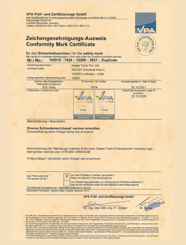 Deeps Tools VPA product and quality certification