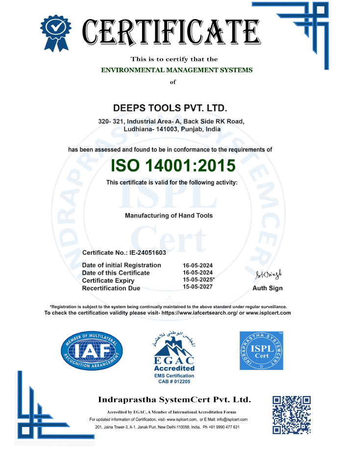 Deeps Tools ISO 14001:2015 environmental management certification